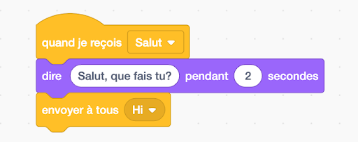 Quand je reçois «Salut», dire «Salut, que fais tu?»  pendant 2 secondes. Envoyer à tous «Salut».