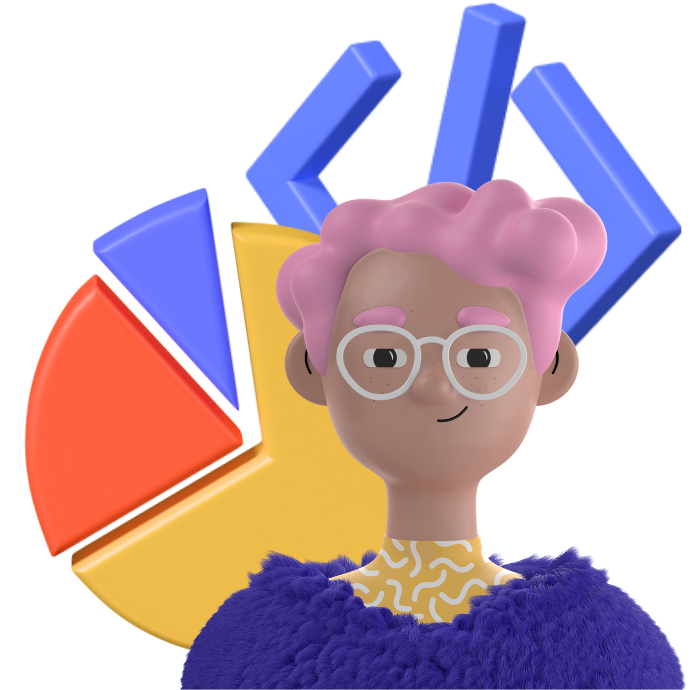 Animated person in front of pie chart and code symbol