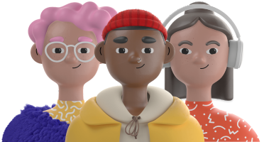 Icons of three people, one Black man with a red hat, one white person with pink hair, one Asian woman with headphones