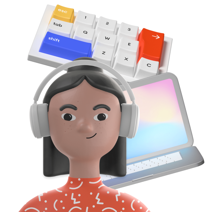 Animated person in front of laptop and keyboard