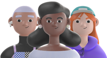 Icons of three people, a black woman with long Black hair, an Asian woman with short purple hair, and a white woman with red hair and a hat.
