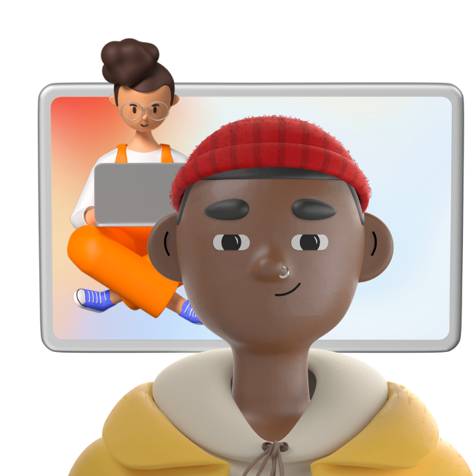 Animated person in front of computer with another person working on computer