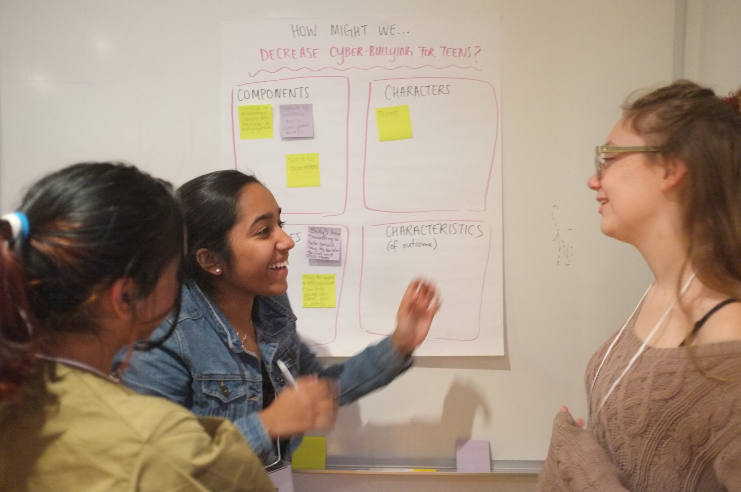 Group of teens standing in front of whiteboard and laughing