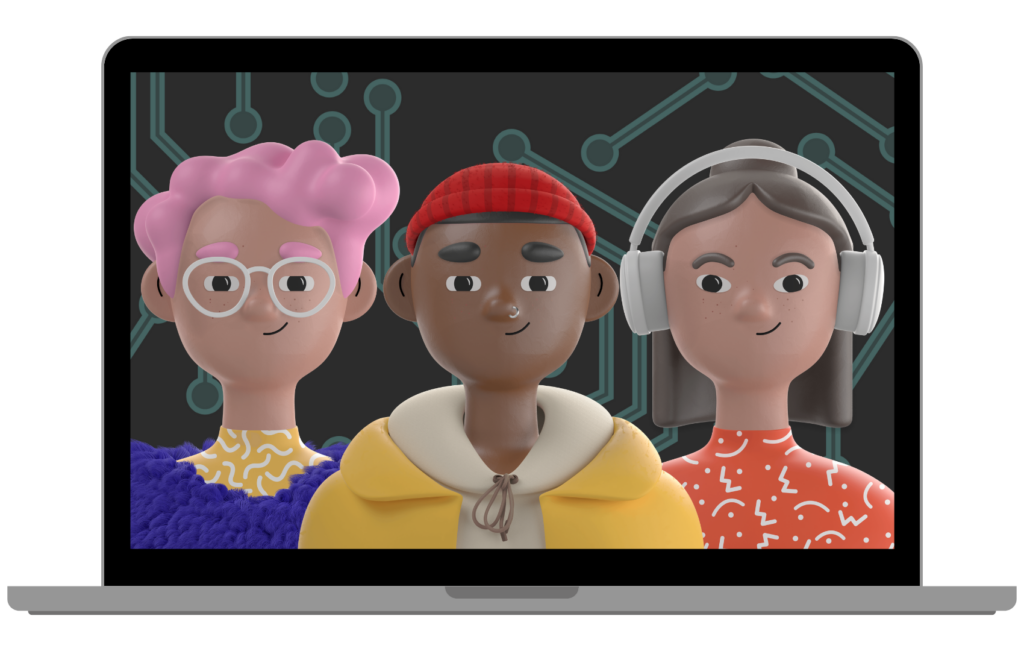 3 animated people in front of a computer screen