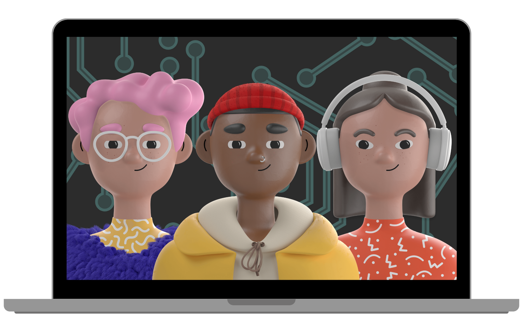 3 animated people in front of a computer screen