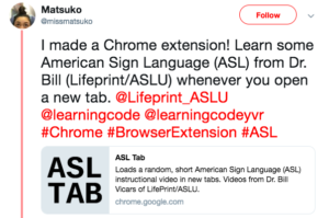 Screenshot of a tweet about a learner who created a browser extension to teacher her ASL