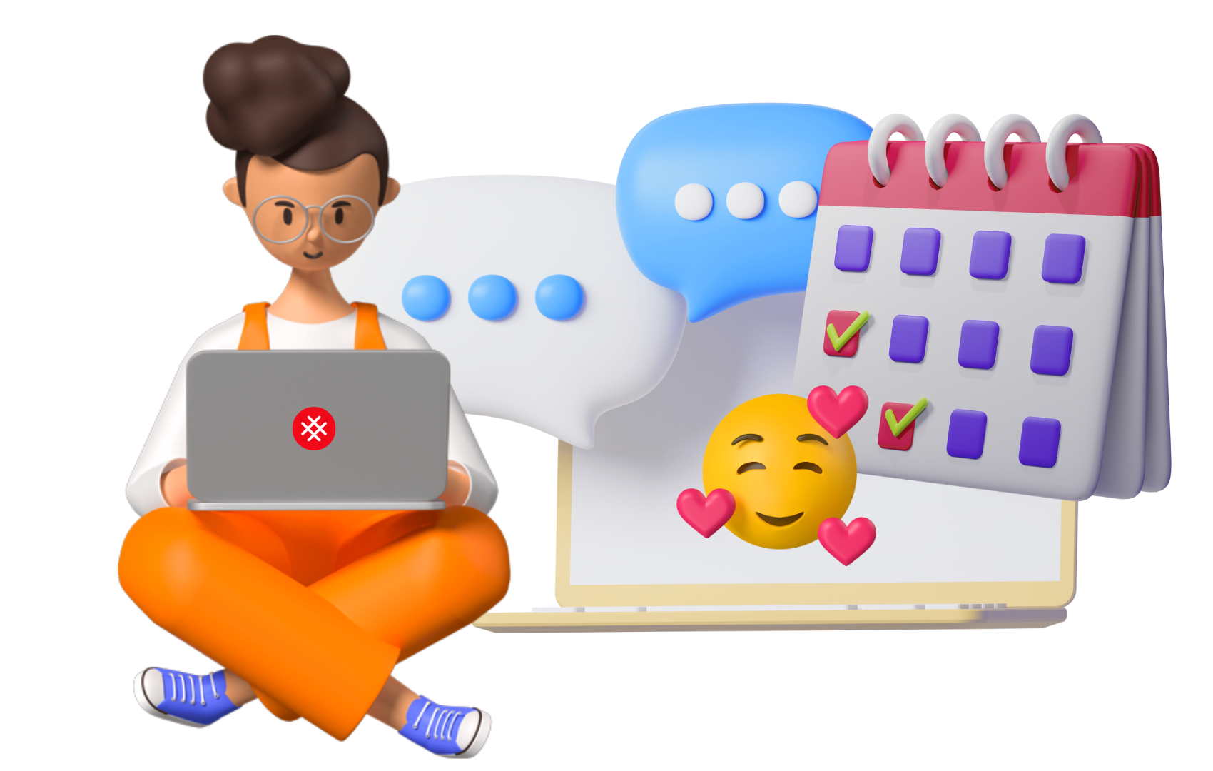 Person on computer with speech bubbles, a calendar and a smiling face