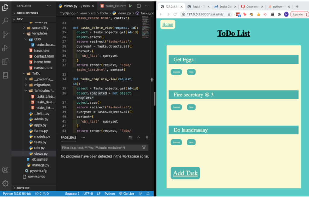 Split screen showing a piece of a Python code and a to-do list