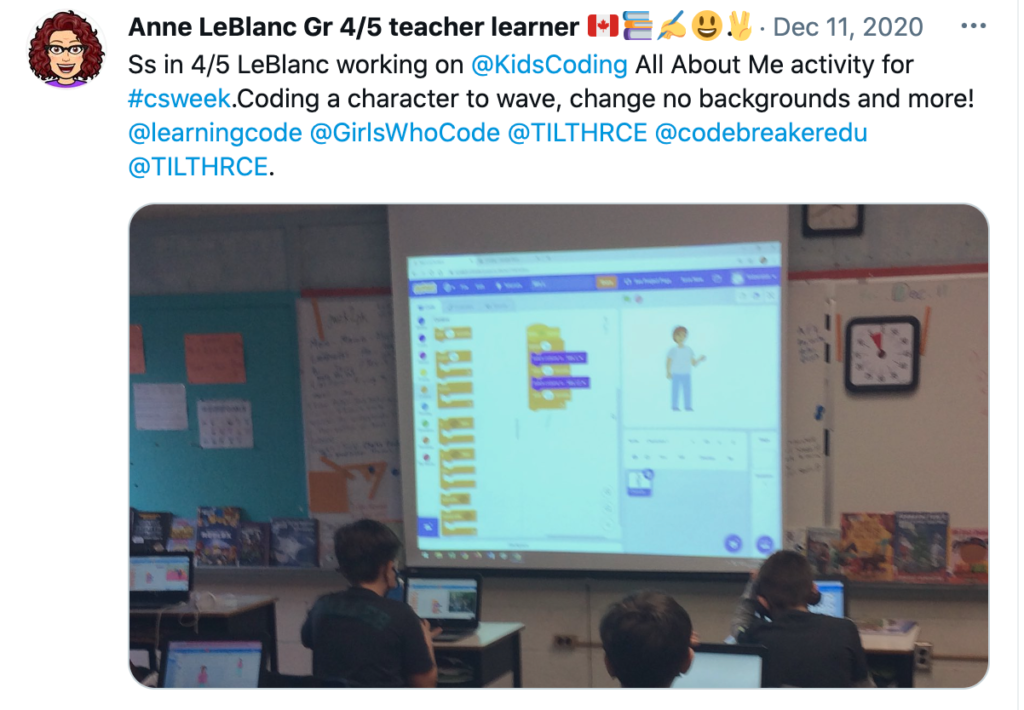 Screenshot of the Twitter post saying: "Ss in 4/5 LeBlanc working on @KidsCoding. All about Me activity for #csweek. Coding a character to wave, change no backgrounds and more!"