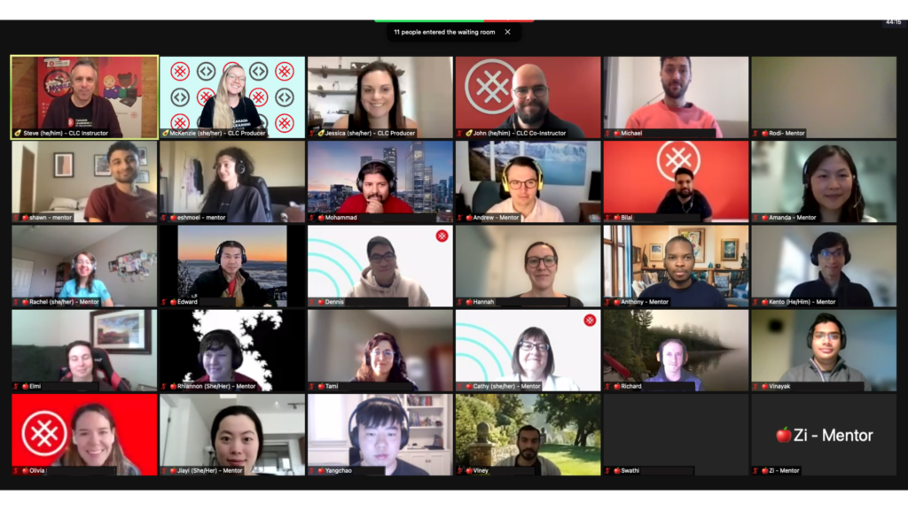 Screenshot of learners and mentors in zoom call.