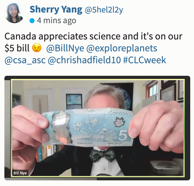 Screenshot of CLC tweet saying: "Canada appreciates Science and it's on our $5 bill"