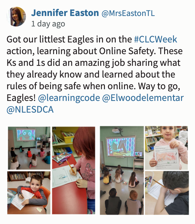 Screenshot of CLC tweet saying: "Got our littlest Eagles in on the #CLCWeek action, learning about Online Safety. These Ks and 1s did an amazing job sharing what they already know and learned about the rules of being safe when online. Way to go, Eagles! "