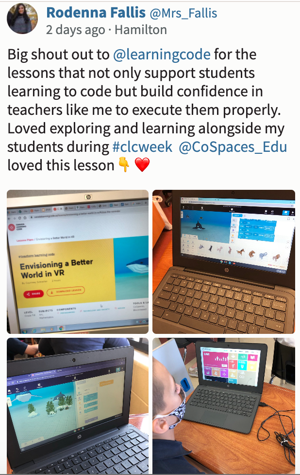 Screenshot of CLC tweet saying: "Big shout out to @learningcode for the lessons that not only support students learning to code but build confidence in teachers like me to execute them properly. Loved exploring and learning alongside my students during #clcweek. @CoSpaces_Edu loved this lesson" "