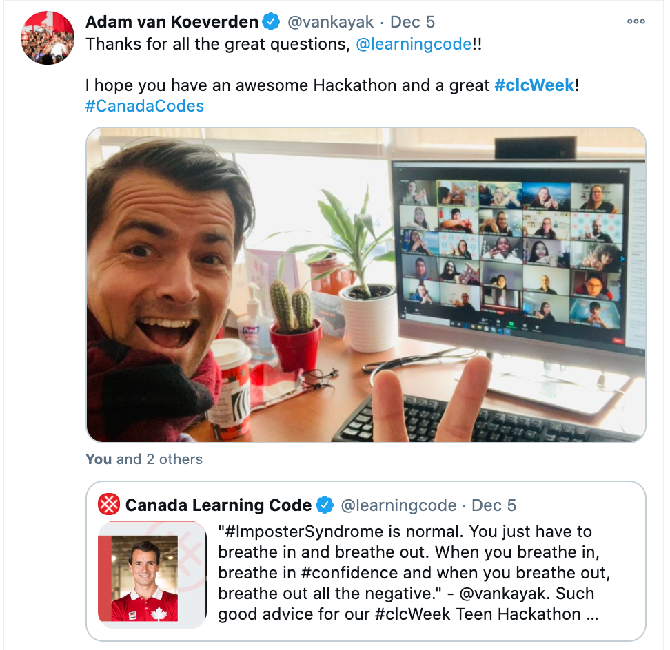 Screenshot of CLC tweet by Adam Van Koeverden, saying: "Thanks for all great questions, @learningcode! I hope you have an awesome Hackaton and great #clcWeek!"