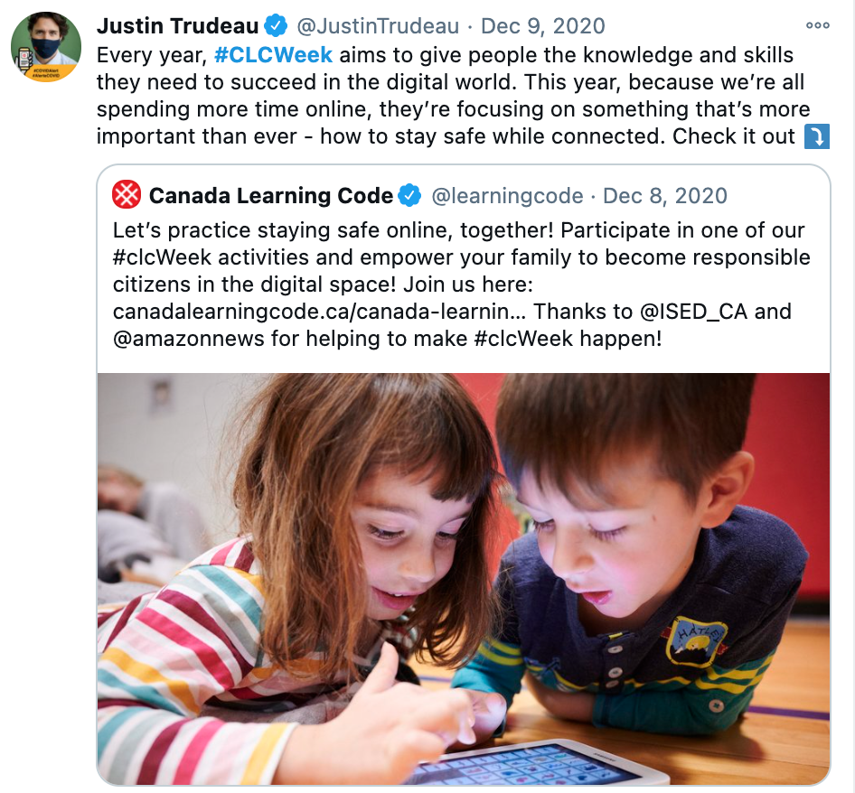 Screenshot of CLC tweet by Justin Trudeau, saying: "Every year, #CLCWeek aims to give people the knowledge and skills they need to succeed in the digital world. This year, because we're all spending more time online, they're focusing on. something that's more important. than ever - how to stay safe while connected. Check it out."