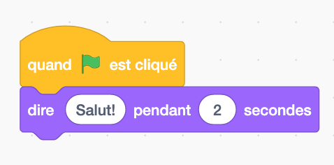 Quand le drapeau vert est cliqué, dire «Salut!» pendant 2 secondes