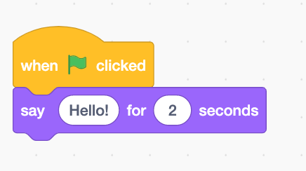 'When green flag clicked', then 'say 'Hello' for 2 seconds'