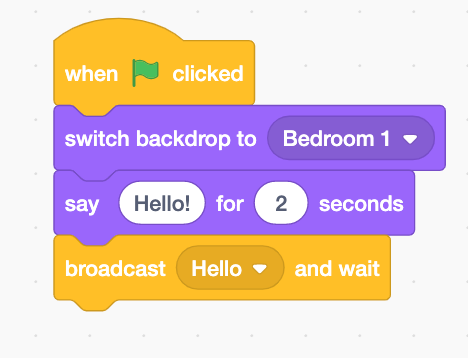 'When green flag clicked', then 'switch backdrop to 'Bedroom 1'', then 'say 'Hello' for 2 seconds', then 'broadcast 'Hello' and wait'